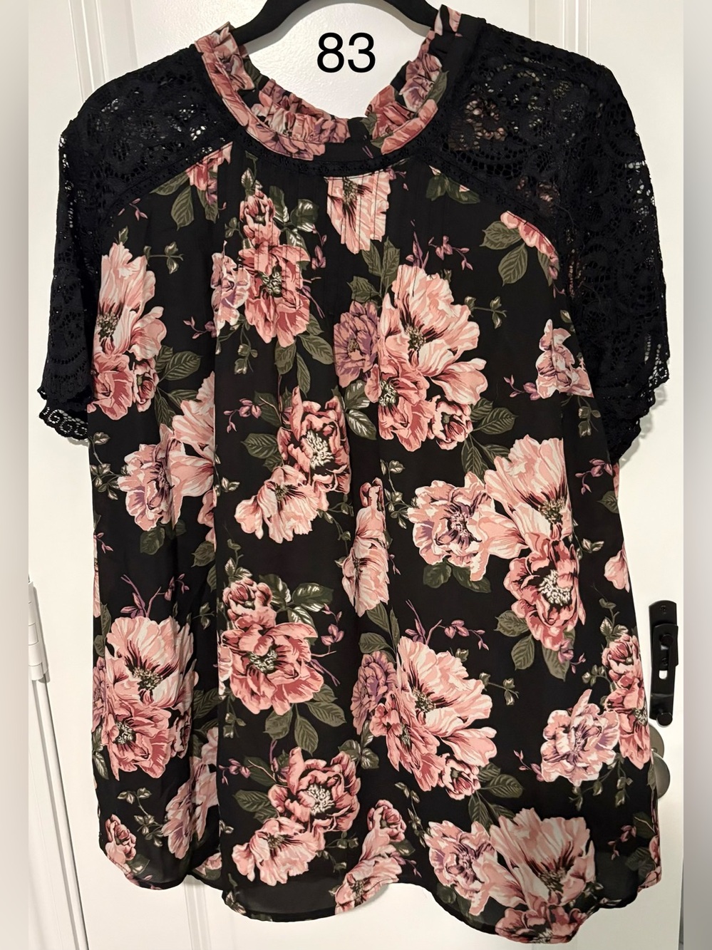 torrid Black Top with Pink Floral Print & Lace Sleeves